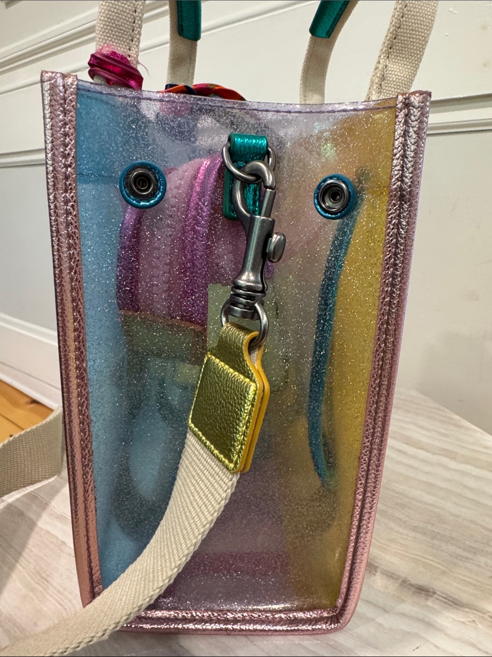 Kurt Geiger Bag Mini Southbank Vinyl Glitter Rainbow Translucent Tote Satchel - Picture 7 of 17